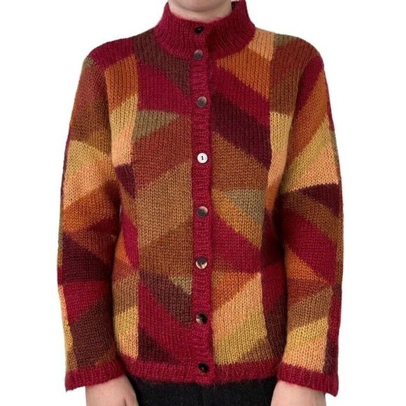 Vintage Talbots Hand Knit Red Mohair Blend Fluffy Preppy Grannycore Cardigan - Picture 1 of 7